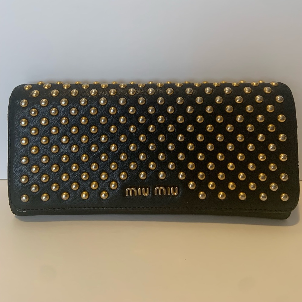 Miu Miu Black and Gold Studded Wallet. A chain can be added to the sides.